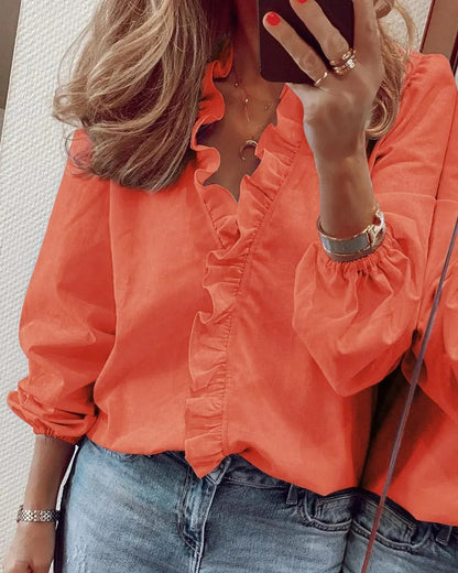Variant image for Blød og alsidig kvinders bluse – V-hals med ruffles, bomuld, til kontor og fritid-15