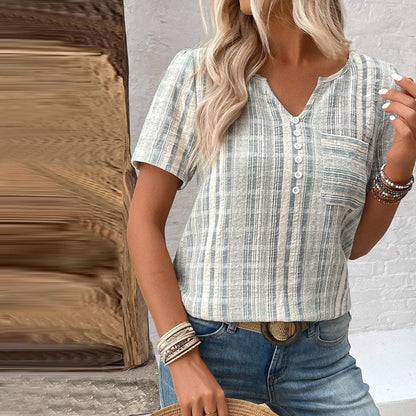Letvægts kvinders bluse – V-hals, stribet design, blød bomuldspolyester, til forår og sommer 4