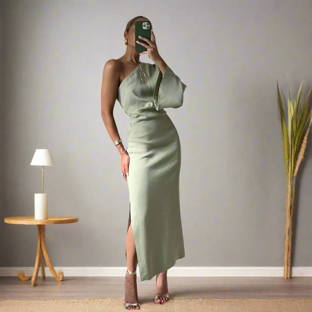 Elegant Midi Kjole Med Asymmetrisk Skulder Og Lange ærmer Til Kvinder-3