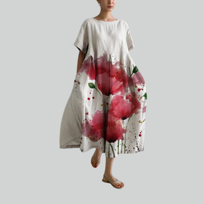 Mode Dame Kortærmet Løs Maxi Kjole - Retro Blomsterprint Festkjole Maxikjoler-2