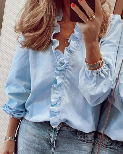 Blød og alsidig kvinders bluse – V-hals med ruffles, bomuld, til kontor og fritid 4