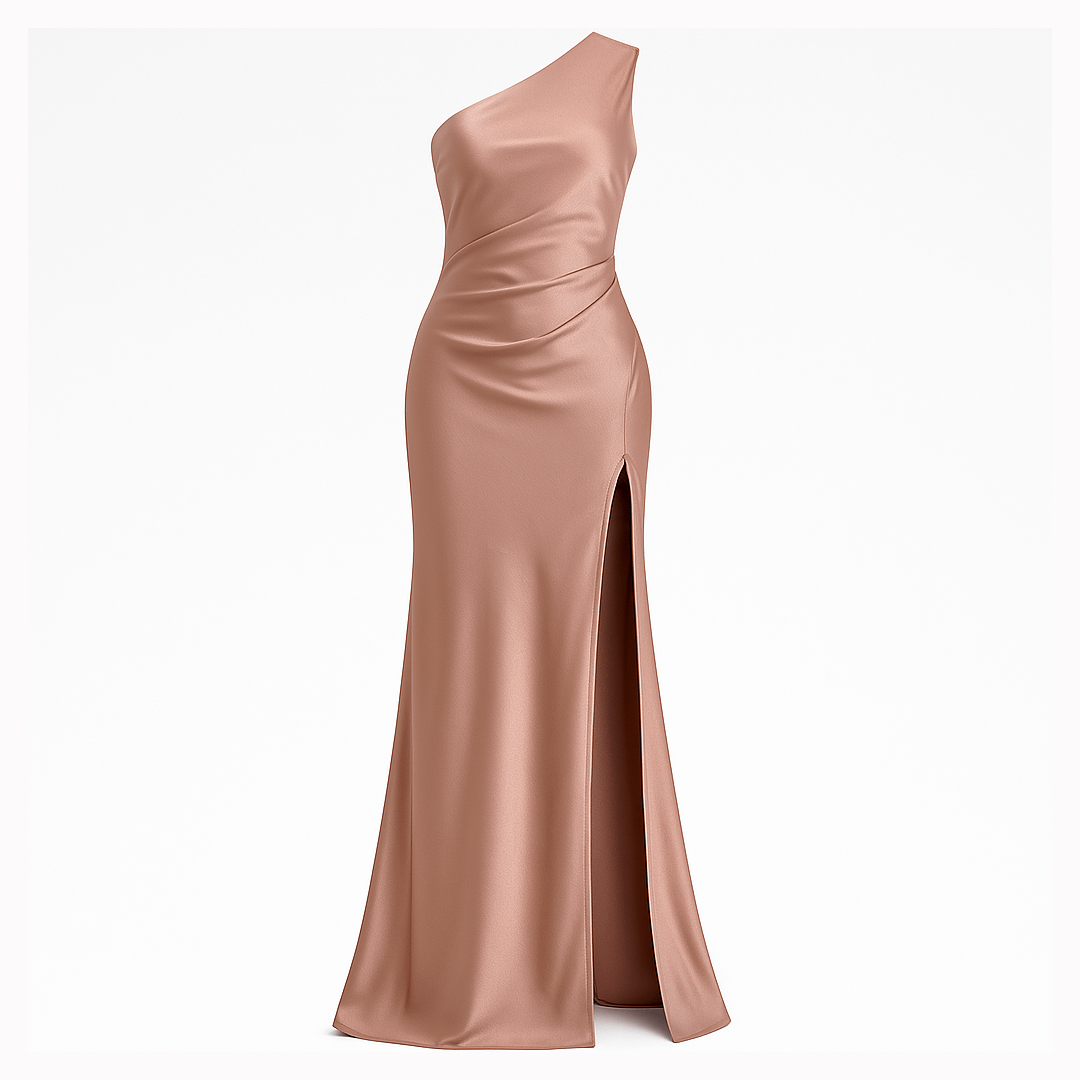 Elegant Satin Maxi Kjole Med Én Skulder Til Kvinder - Høj Split Design-3