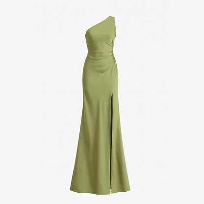Elegant Satin Maxi Kjole Med Én Skulder Til Kvinder - Høj Split Design-4