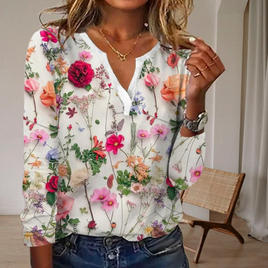 Lettende og flatterende kvinders bluse – blomsterprint, bomulds-polyester, til fritid 1