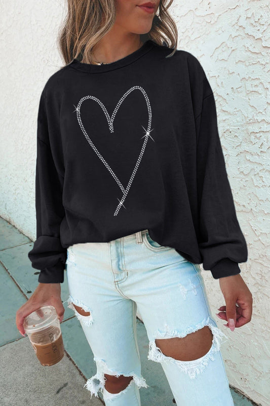 Komfortabel kvinders sweatshirt – rund hals med rhinestone hjerte, til Valentinsdag 1