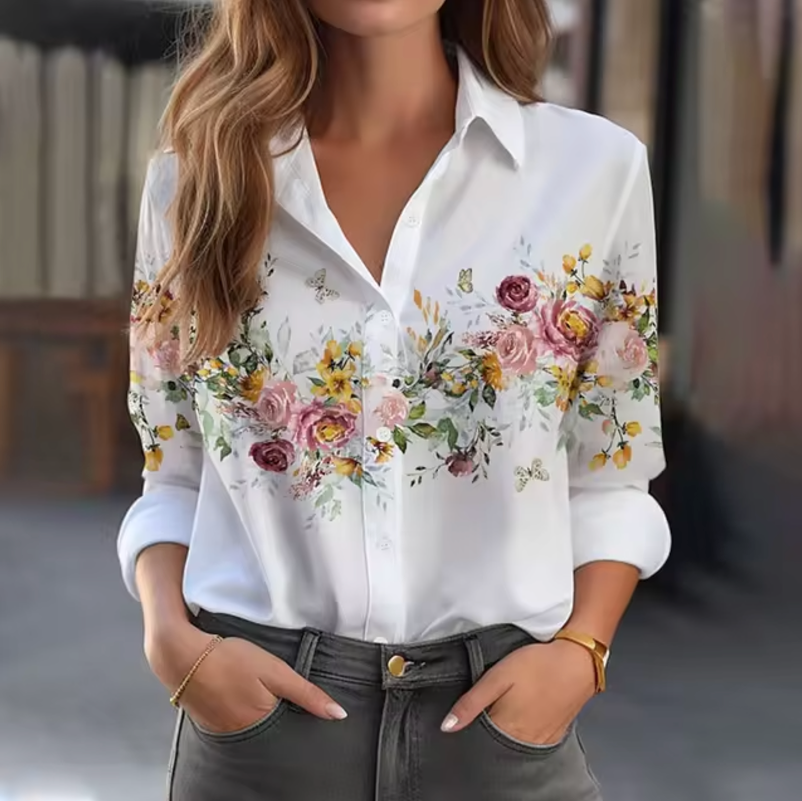 Variant image for Luftig og flatterende skjortebluse dame – langærmet blomstermønster, åndbart stof, til sommerudflugter-37