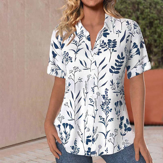 Let & flattering skjortebluse dame – kortærmet blomsterdesign, åndbar bomuldsblanding, til sommerbrug 1
