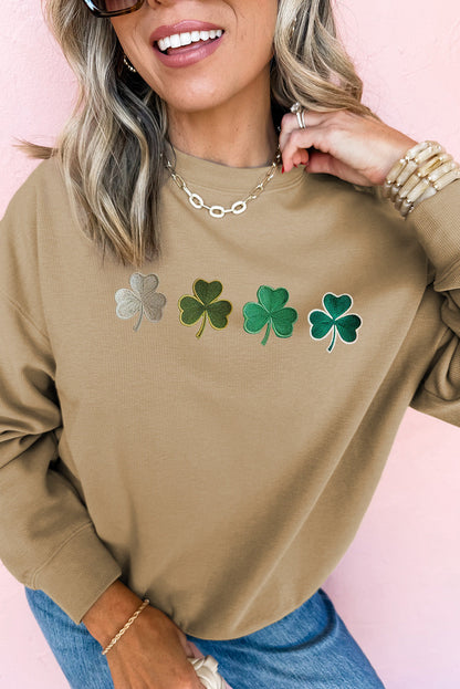 Komfortabel women’s khaki sweatshirt – embroidered clover design, soft material, for St. Patrick's Day 1