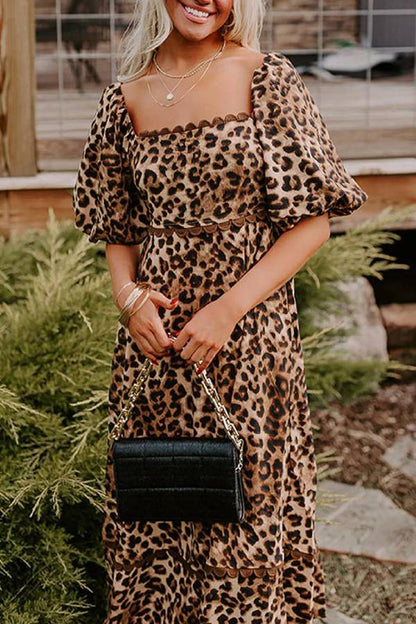 Leopardprint Maxi Kjole Med Puffærmer Til Kvinder, Afslappet Chic Stil-3