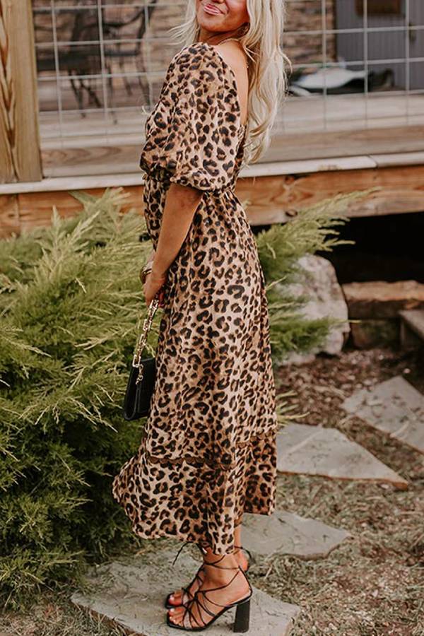 Leopardprint Maxi Kjole Med Puffærmer Til Kvinder, Afslappet Chic Stil-4