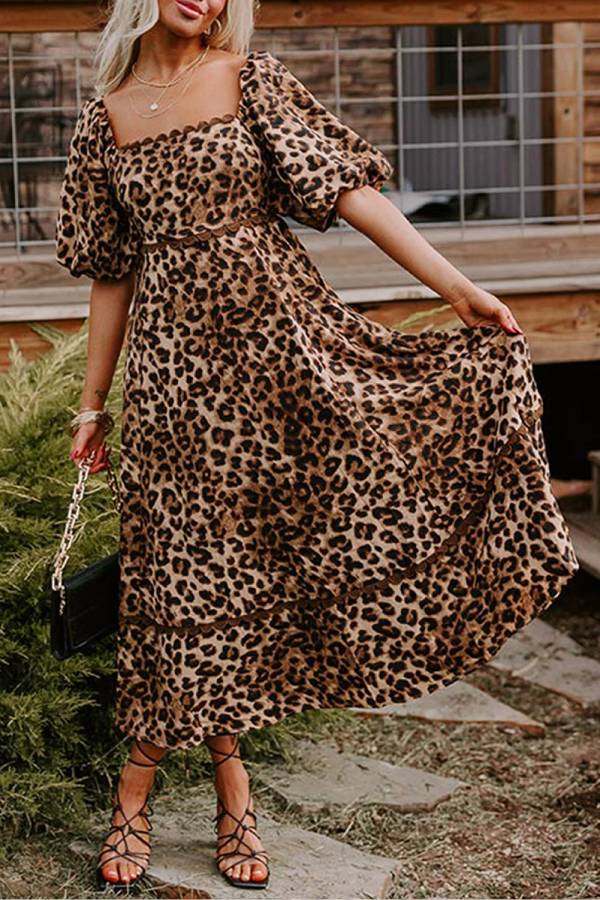 Leopardprint Maxi Kjole Med Puffærmer Til Kvinder, Afslappet Chic Stil-2