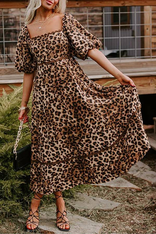 Leopardprint Maxi Kjole Med Puffærmer Til Kvinder, Afslappet Chic Stil-1