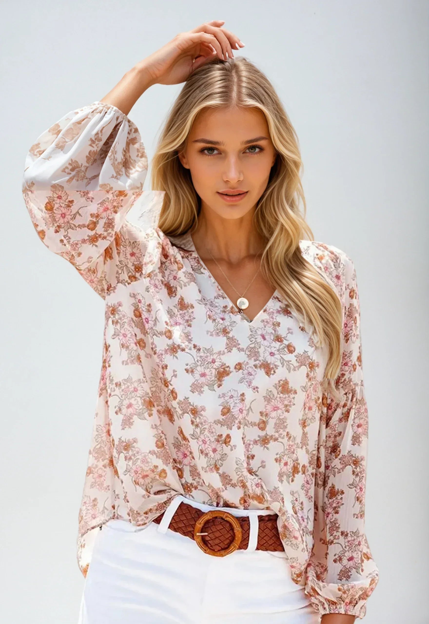 Variant image for Let og flatterende skjortebluse dame – blomsterprint, luftigt stof, til hverdag og fest-7