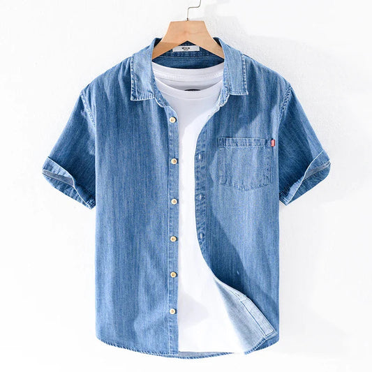 Åndbar Denim Skjorte Herre i Klassisk Snit af 100% Bomuld til Fritid og Kontor 0