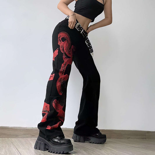 Broderede Stretch-Denim Jeans med Dragemotiv og Kanji Kalligrafi 0