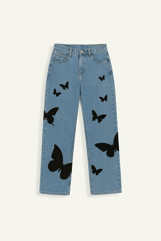 Butterfly Broderet Jeans til Damer med Behagelig Pasform og Mellem Talje 0