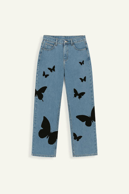 Butterfly Broderet Jeans til Damer med Behagelig Pasform og Mellem Talje 1
