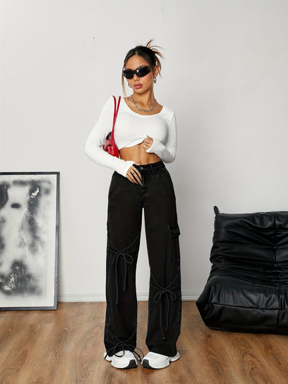 Cargo Bukser Dame med Løs Pasform i Holdbar Rayon-Baumwollmiks og Trendy Cargo-Detaljer 0