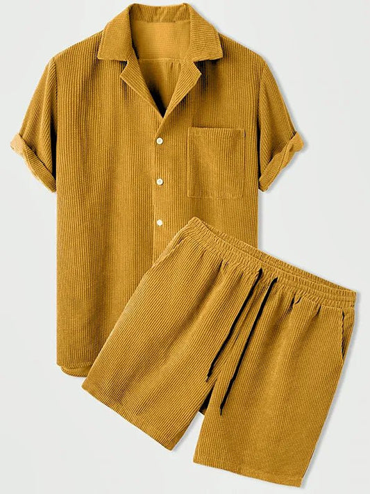 Elegant Herresæt i Rippet Samt med Kortærmet Skjorte og Matchende Shorts til Afslappede og Formelle Anledninger 0