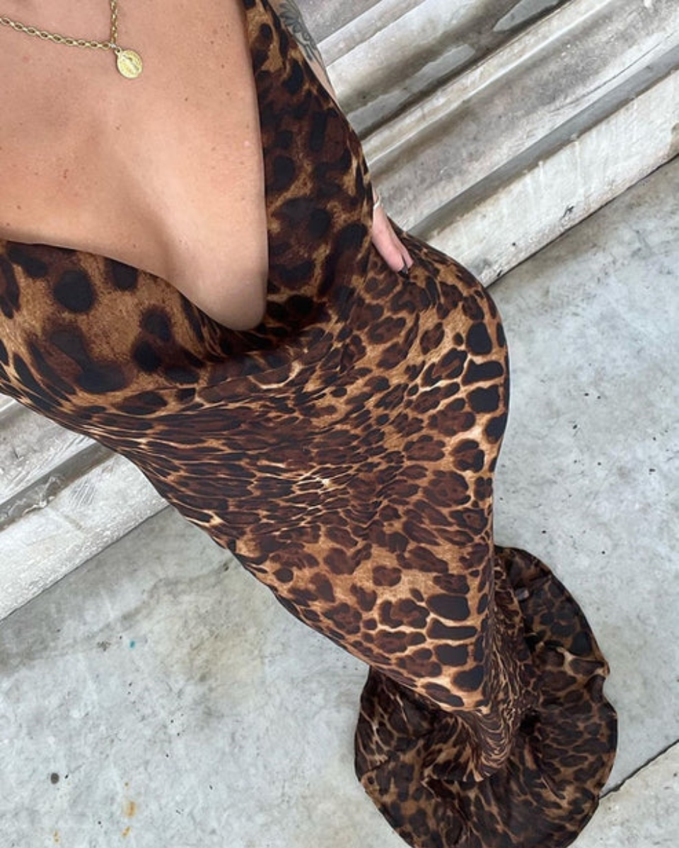 Leopardprint Maxi Kjole Til Kvinder Med Justerbart Bælte Og Mesh Stof-4