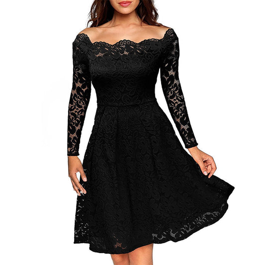Elegant Off-Skulder Blonderkjole Til Kvinder, Vintage Blomsterkjole Til Bryllupper Og Cocktailfester-1