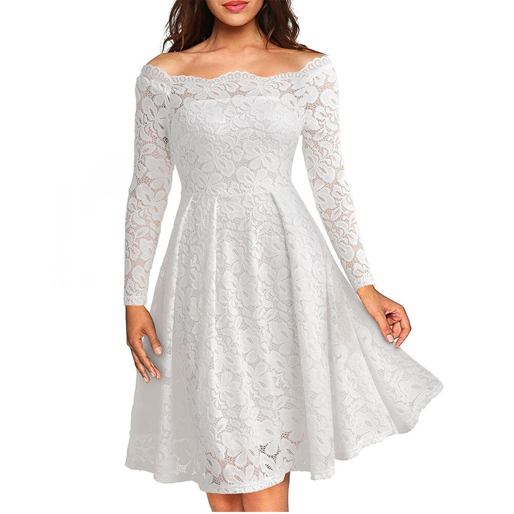 Elegant Off-Skulder Blonderkjole Til Kvinder, Vintage Blomsterkjole Til Bryllupper Og Cocktailfester-3