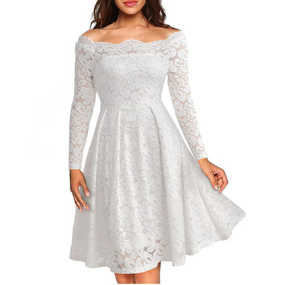 Elegant Off-Skulder Blonderkjole Til Kvinder, Vintage Blomsterkjole Til Bryllupper Og Cocktailfester-3