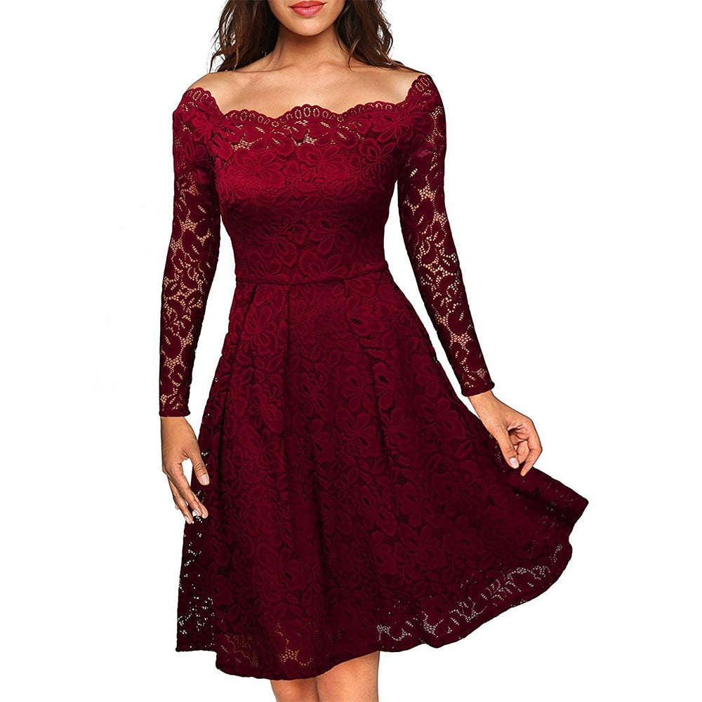Elegant Off-Skulder Blonderkjole Til Kvinder, Vintage Blomsterkjole Til Bryllupper Og Cocktailfester-6