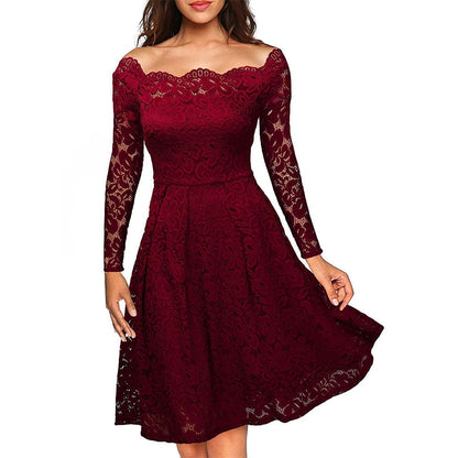 Elegant Off-Skulder Blonderkjole Til Kvinder, Vintage Blomsterkjole Til Bryllupper Og Cocktailfester-6
