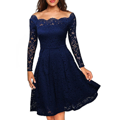 Elegant Off-Skulder Blonderkjole Til Kvinder, Vintage Blomsterkjole Til Bryllupper Og Cocktailfester-4