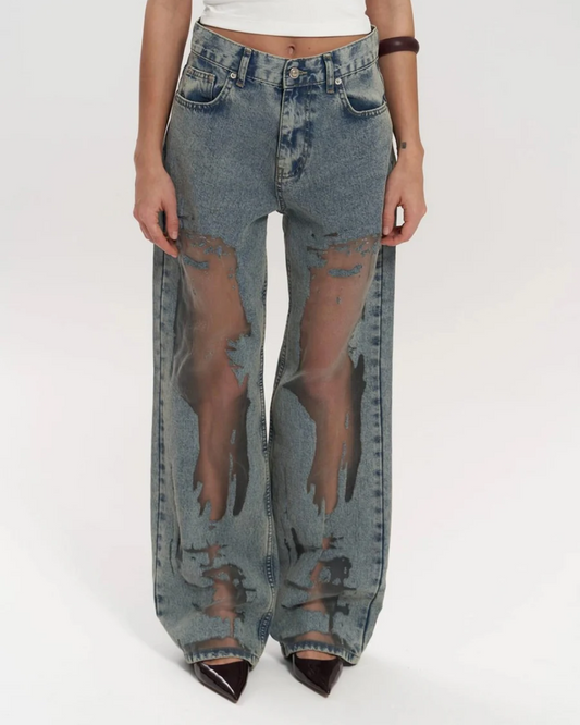 Høj Talje Bredbenede Jeans med Unikt Mesh-Patchwork Design til Dame 0