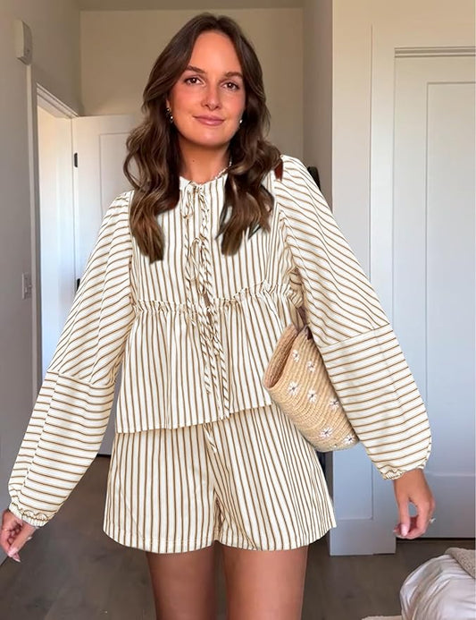 Åndbar kvinders loungewear sæt – rutet design, høj talje shorts, til sommer 1
