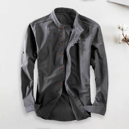 Langærmet Vintage Slim Fit Herre Skjorte med Stehkrave og Knapper 2