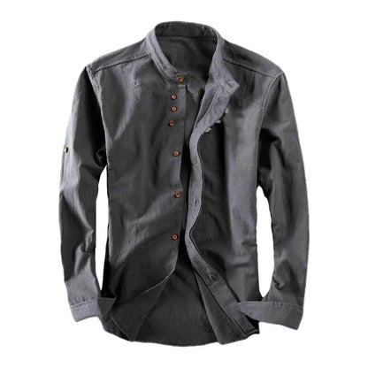 Langærmet Vintage Slim Fit Herre Skjorte med Stehkrave og Knapper 7