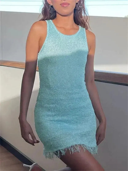 Variant image for Skinnende Strik Mini Kjole Til Kvinder, Ærmeløs Festkjole Med Frynse Hem-2