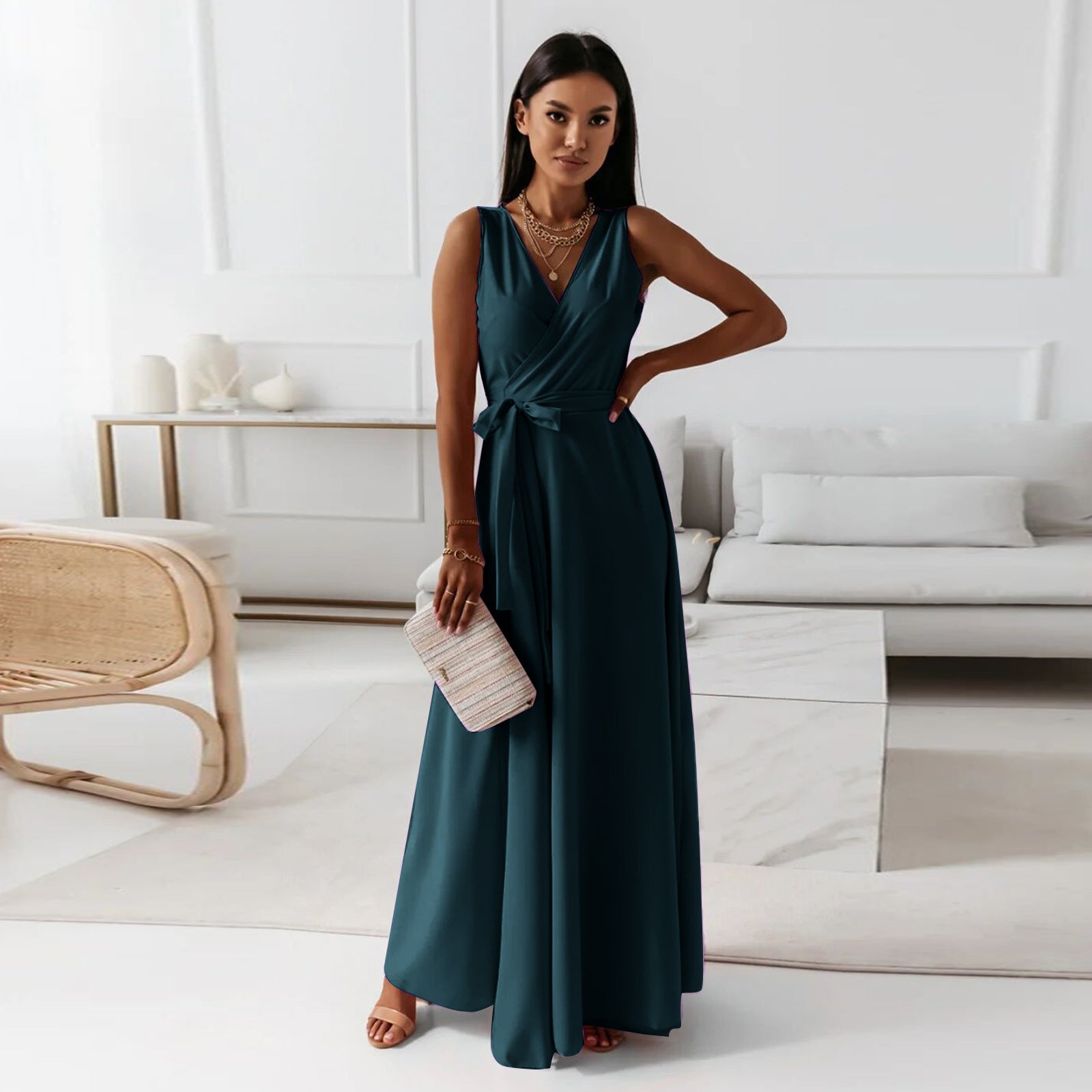 Elegant Maxi Kjole Til Kvinder Med V-Halsudskæring - Alsidig Kjole Maxi Til Enhver Lejlighed-3