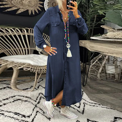 Skjorte Jeans Kjole Kvinder Lang Elegant Splejsning Kjole-1