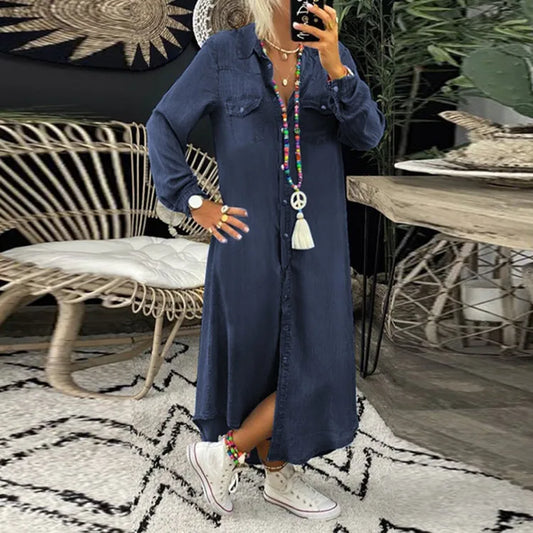 Skjorte Jeans Kjole Kvinder Lang Elegant Splejsning Kjole-1