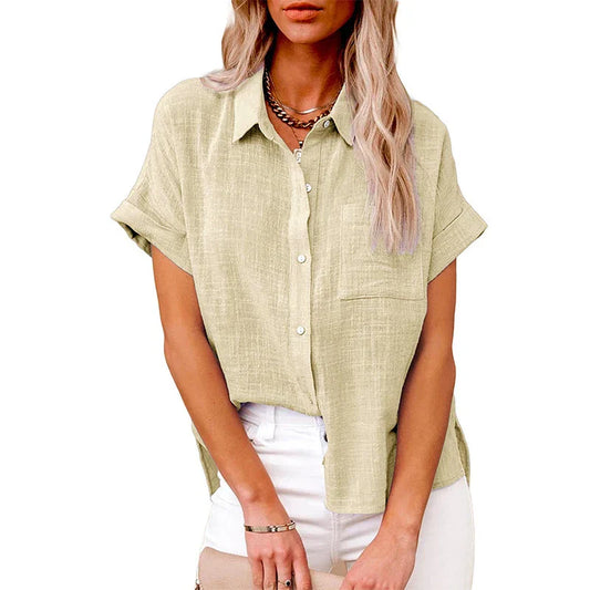 Letvægtig og afslappet kvinders bluse – kortærmet, polyester med linned look, til hverdagsbrug 1
