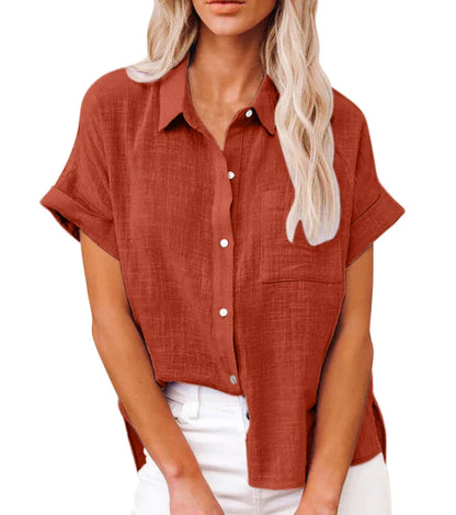 Letvægtig og afslappet kvinders bluse – kortærmet, polyester med linned look, til hverdagsbrug 3