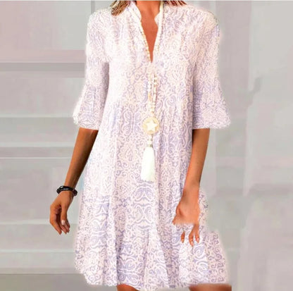 Efterårs V-hals Blussede Minikjole Til Damer - Afslappet A-Line Boho Stil-3