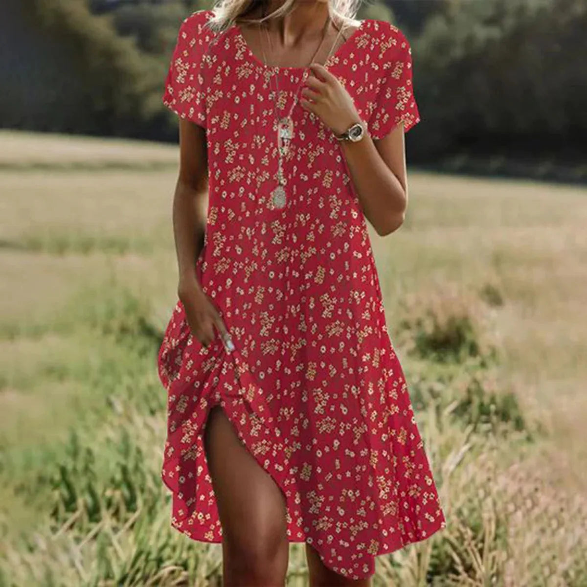 Bohemske Sommerkjoler Til Kvinder Med V-Hals Og Korte Ærmer - Maxi-Længde Blomstermønster-3