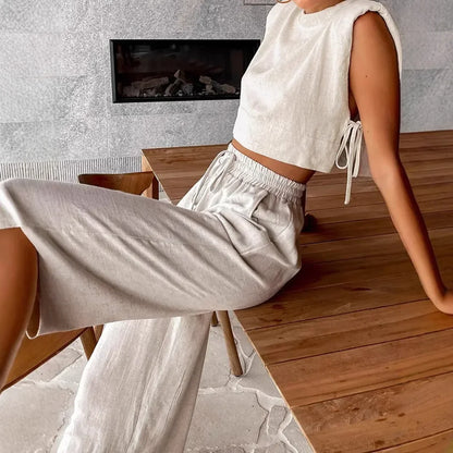 Åndbar kvinders linnedbuksesæt – afslappet crop top, linned, til ferie eller strandture 3