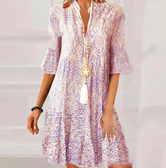 Efterårs V-hals Blussede Minikjole Til Damer - Afslappet A-Line Boho Stil-1