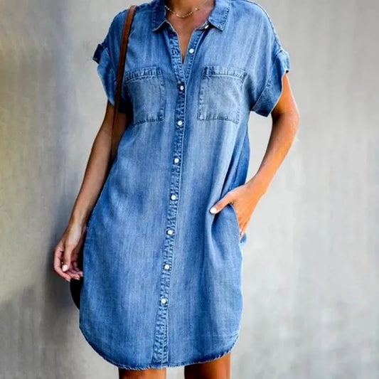 Kvinders Sommer Denim Skjortekjole Med Løs Pasform Og Praktiske Lommer-1