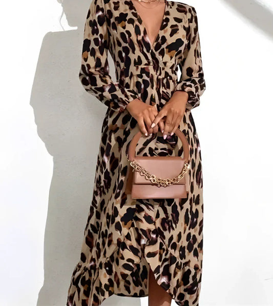 V-hals A-line langærmet midi-kjole med leopardprint til kvinder-1