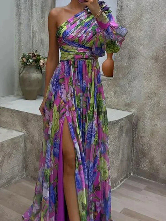 Maxi Kjole Med Sidespalte Og Capucine-tryk Til Kvinder - Elegant Maxikjole-1