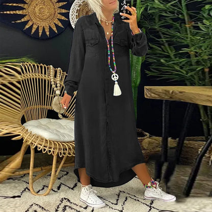 Skjorte Jeans Kjole Kvinder Lang Elegant Splejsning Kjole-2