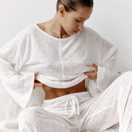 Blødt og letvægts kvinders loungewear sæt – rund hals og ankelbukser, åndbart, til afslapning 1