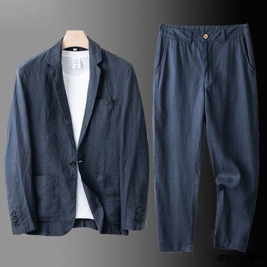 To-Delt Herre Leinenanzug i Slim Fit, 100% Åndbart Leinen til Bryllup, Kontor og Hverdag 0